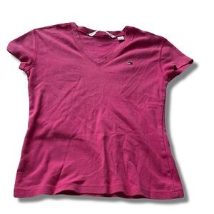 Tommy Hilfiger Pink Cotton V-Neck Tee – Size Small | Preppy Casual |
